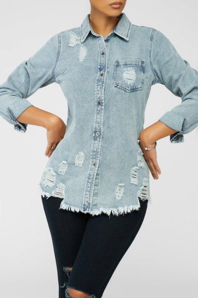 Women's new style ripped mid-length slim denim shirt jacket CJ937