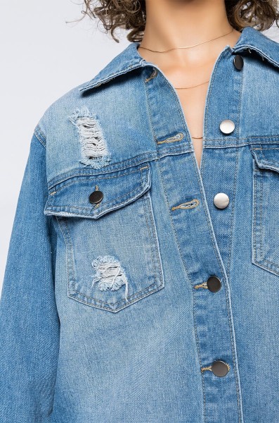 Fashion ripped mid-length denim jacket women CJ971