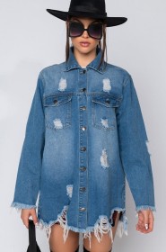 Fashion ripped mid-length denim jacket women CJ971