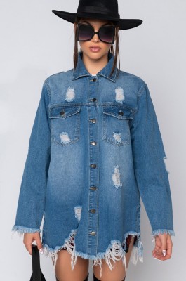 Fashion ripped mid-length denim jacket women CJ971