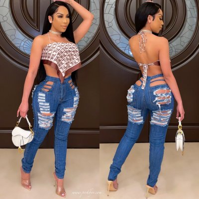 New style frayed elastic ripped jeans women's trousers CJ942-1