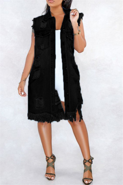 New big hole tassels denim vest jacket women CJ956