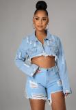 Back chain short frayed denim jacket shawl women CJ962