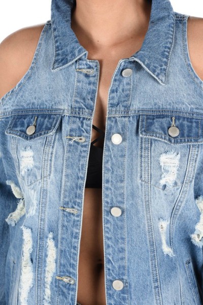 New style ripped off-shoulder denim jacket women's mid-length denim trench coat CJ972