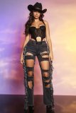 New gray ripped jeans with fringe straight leg pants women CJ1005