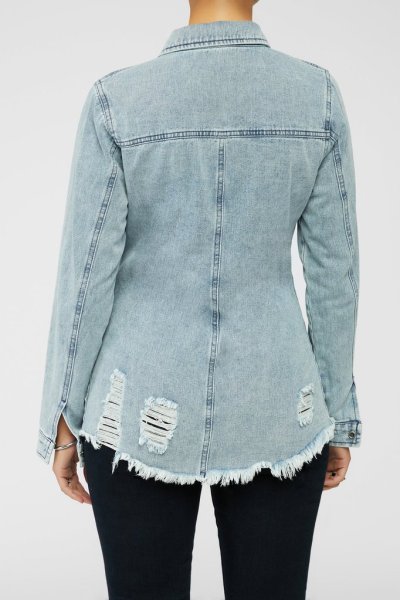 Women's new style ripped mid-length slim denim shirt jacket CJ937