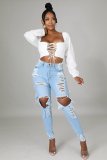 Net red holes frayed stretch jeans feet pants women CJ988