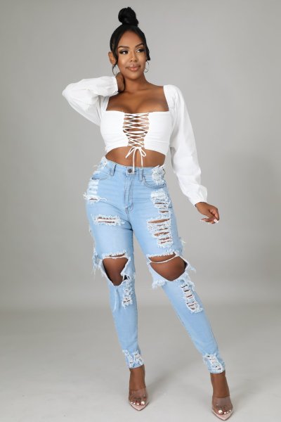 Net red holes frayed stretch jeans feet pants women CJ988
