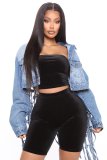 New women's denim jacket with mesh back fringe CJ958