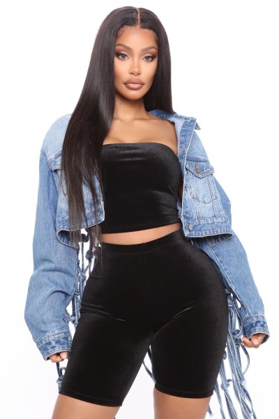 New women's denim jacket with mesh back fringe CJ958