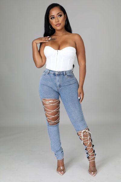 New style elastic lace-up jeans women's feet pants CJ1098