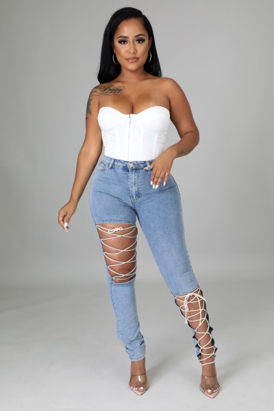 New style elastic lace-up jeans women's feet pants CJ1098