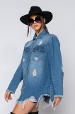 Fashion ripped mid-length denim jacket women CJ971
