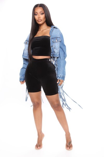 New women's denim jacket with mesh back fringe CJ958