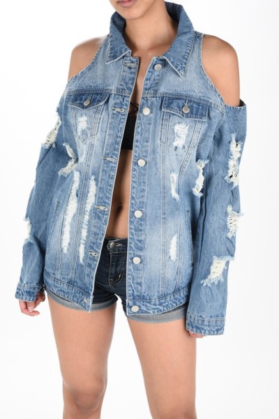 New style ripped off-shoulder denim jacket women's mid-length denim trench coat CJ972