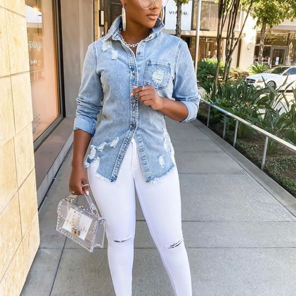 Women's new style ripped mid-length slim denim shirt jacket CJ937