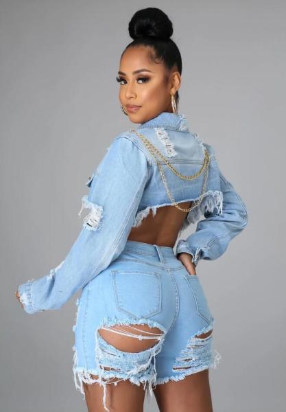 Back chain short frayed denim jacket shawl women CJ962