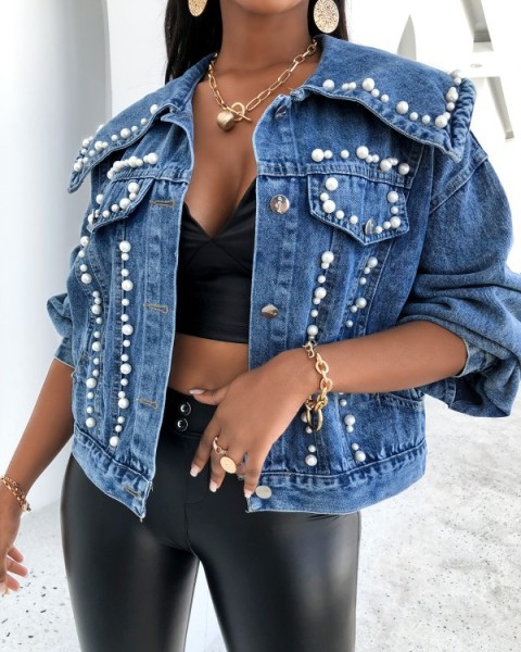 New style loose denim jacket women beaded jacket CJ957