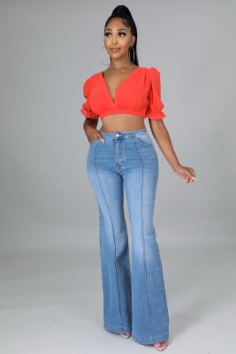 Net red new elastic flared pants folding jeans women CJ1001