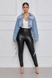 New women's denim jacket with mesh back fringe CJ958