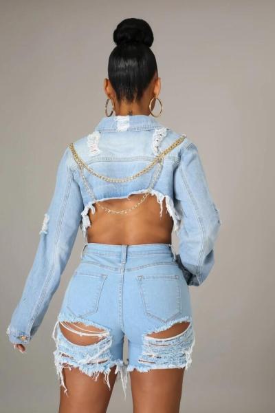 Back chain short frayed denim jacket shawl women CJ962