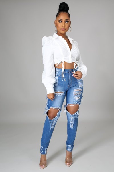 Net red holes frayed stretch jeans feet pants women CJ988