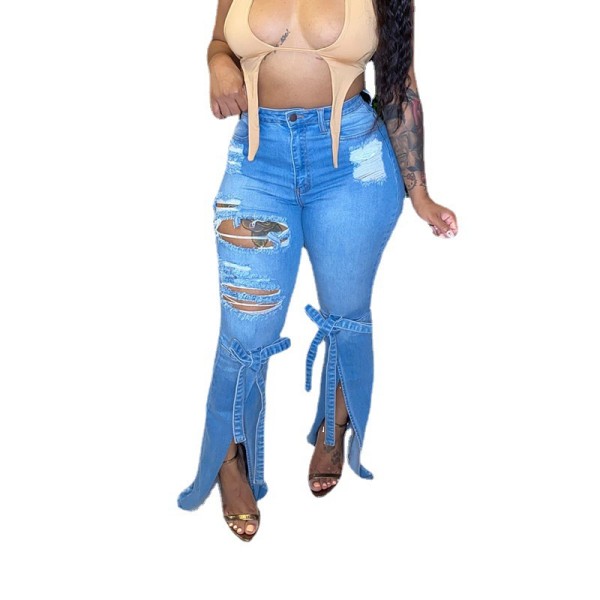 Women's net red frayed ripped flared pants jeans CJ1002