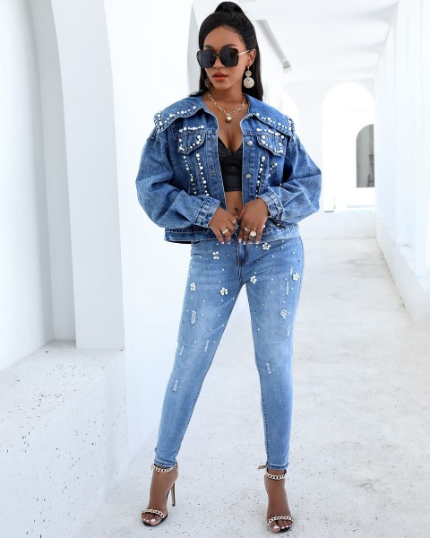 New style loose denim jacket women beaded jacket CJ957