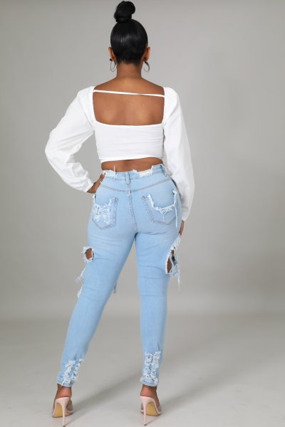 Net red holes frayed stretch jeans feet pants women CJ988