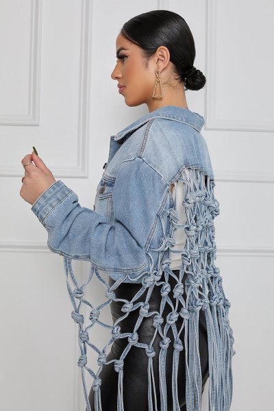 New women's denim jacket with mesh back fringe CJ958