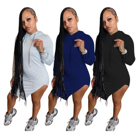 Fashion casual split solid color hooded dress N9306