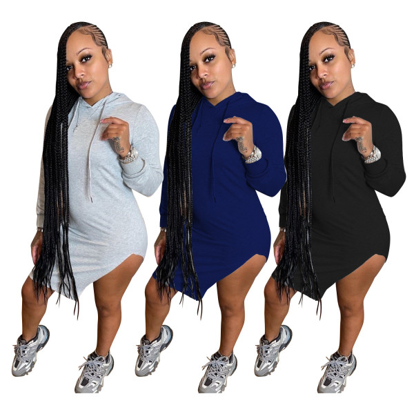 Fashion casual split solid color hooded dress N9306