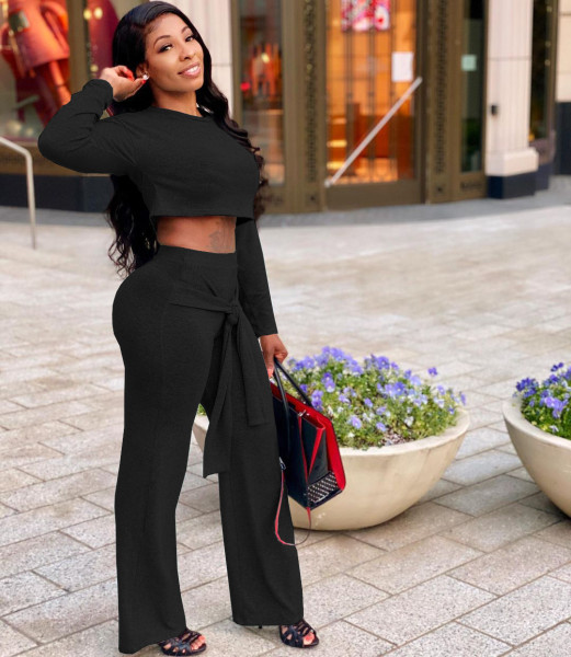 Autumn women's fashion round neck solid color long-sleeved umbilical tying wide loose two-piece suit JP1053