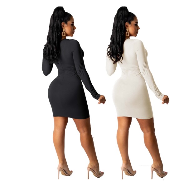 Women's Fashion Sexy One-shoulder Sleeve Eyelet Bandage Pure Color Dress Z60082