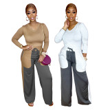 Pocket tether fashion casual stitching elastic waist V-neck two-piece suit YZ1290
