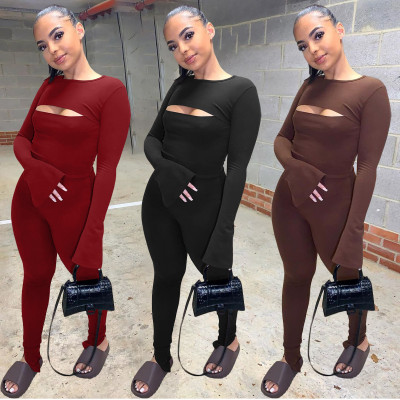 Autumn ladies casual solid color round neck long sleeve hollow lotus leaf sleeve split jumpsuit JP1055