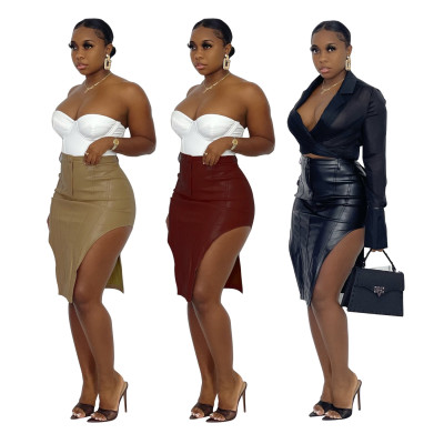 Sexy fashion elastic PU leather split button zipper skirt YZ1287