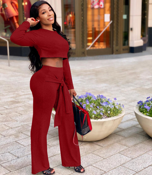 Autumn women's fashion round neck solid color long-sleeved umbilical tying wide loose two-piece suit JP1053