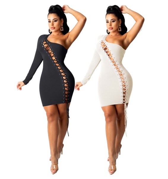 Women's Fashion Sexy One-shoulder Sleeve Eyelet Bandage Pure Color Dress Z60082