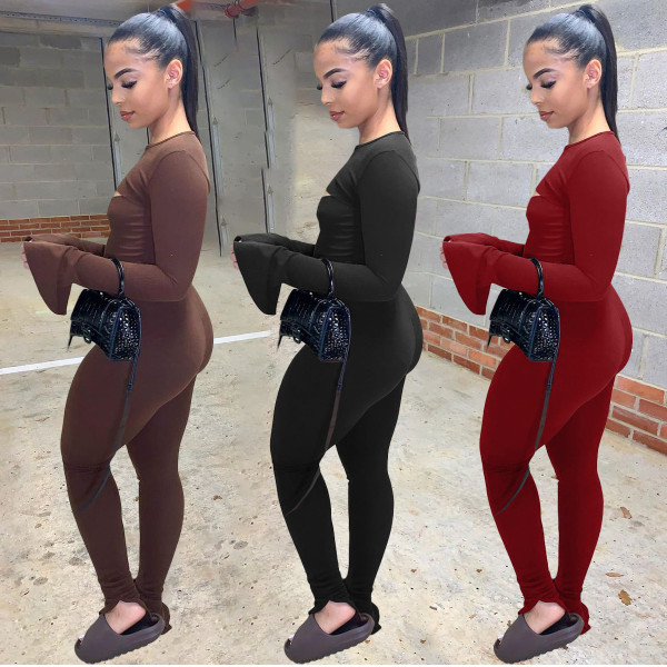 Autumn ladies casual solid color round neck long sleeve hollow lotus leaf sleeve split jumpsuit JP1055