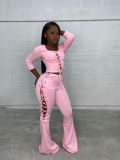 Two-piece flared trousers with square neck eyelet straps and buttons S177