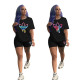 Women's fashion casual two-piece short-sleeved short-sleeved shorts with solid color pattern printing D9351