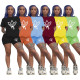 Women's fashion casual two-piece short-sleeved short-sleeved shorts with solid color pattern printing D9239