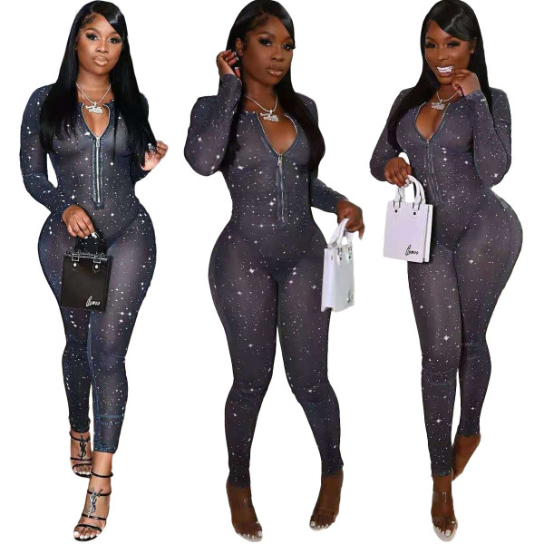 Starlight mesh high stretch print jumpsuit LM8274