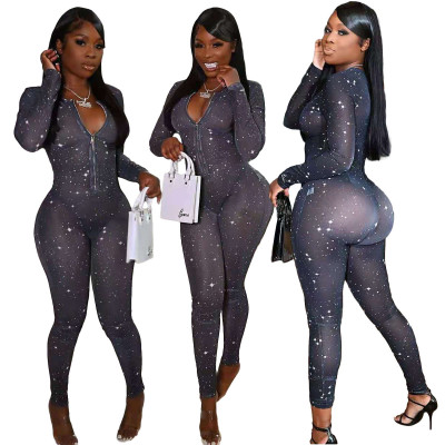 Starlight mesh high stretch print jumpsuit LM8274