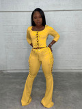 Two-piece flared trousers with square neck eyelet straps and buttons S177
