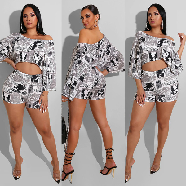 Sexy Women's Newspaper Letter T-shirt Two-Piece Set cl6046