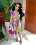 Sexy Slim Hollow Printed Bandage Ruffle Sleeve Jumpsuit NY8088