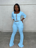 Two-piece flared trousers with square neck eyelet straps and buttons S177