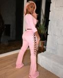 Two-piece flared trousers with square neck eyelet straps and buttons S177